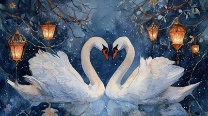 Elegant watercolor painting of a pair of swans forming a heart with their necks beneath a starry night, Christmas lanterns hanging from branches overhead, ethereal festive mood