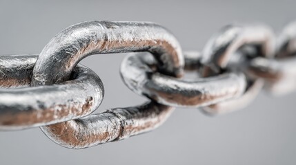 Fototapeta premium Close-up of metal chain links on neutral grey background. Focus on metallic hardware, portraying strength, connectivity, security. Industrial metal construction, technology and engineering concept.