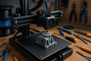 A close-up of a 3D printer in action, printing a detailed mechanical part layer by layer