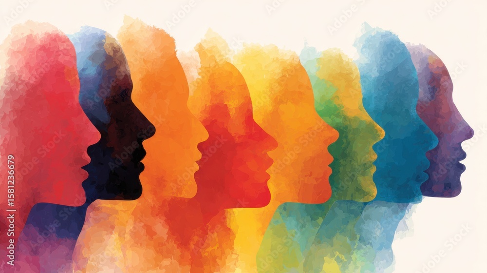 Fototapete a series of colorful silhouettes display a range of profiles, illustrating diversity and unity in a 