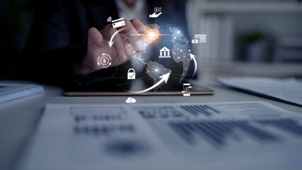 Worldwide digital payment network showing secure financial transactions. Digital payment supports...