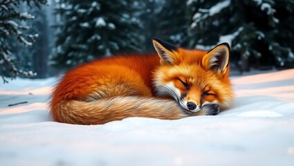 A red fox curled up asleep on a blanket of fresh white snow in a winter forest scene outdoors