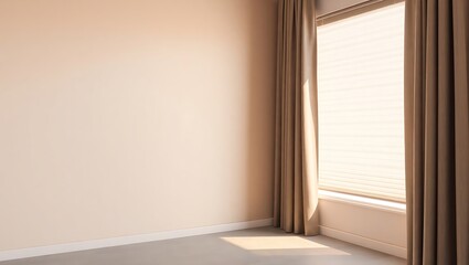 Fototapeta premium Interior view of a room with beige walls and curtains with a window letting in natural light