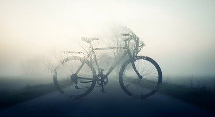 Fototapeta premium Enigmatic Bicycle Ride Through Misty Morning Landscape Illustration Style