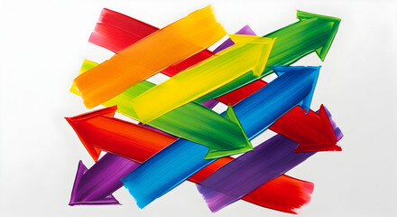 Dynamic composition of vibrant arrow shapes against a clean white background creates visual interest