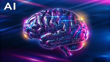Futuristic 3D Brain Model with AI Text and Vibrant Neon Purple Glow
