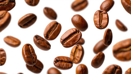 Obraz premium Coffee Splash with Roasted Beans Falling into Cup – Creative Beverage Concept on White Background