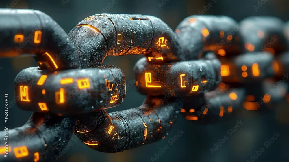 Poster digital chain link with glowing patterns in a futuristic setting showcasing modern technology