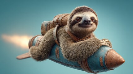 Fototapeta premium Cute sloth riding rocket studio shot , Fantasy funny animal concept .