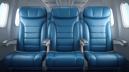 Fototapeta premium Three blue airplane seats with headrests and seat belts, viewed from the front, offering a glimpse into the comfortable and orderly arrangement of aircraft seating.