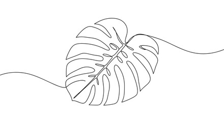 Black line drawing of monstera leaf on transparent background