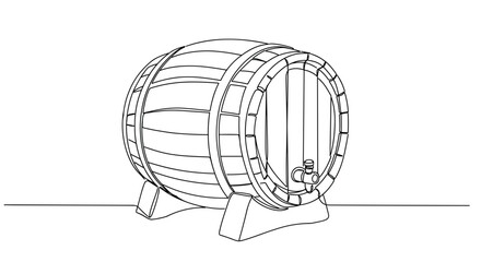 Black line drawing of old oak wine barrel on transparent background