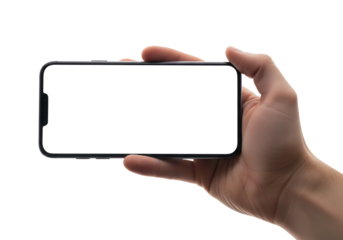hand holding a smartphone in landscape mode with a blank screen for mockup. Isolated on transparent background, png