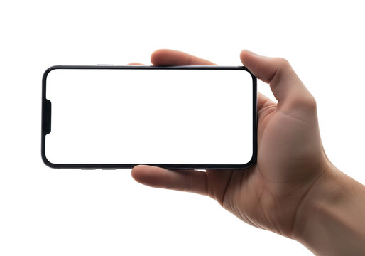 hand holding a smartphone in landscape mode with a blank screen for mockup. Isolated on transparent background, png