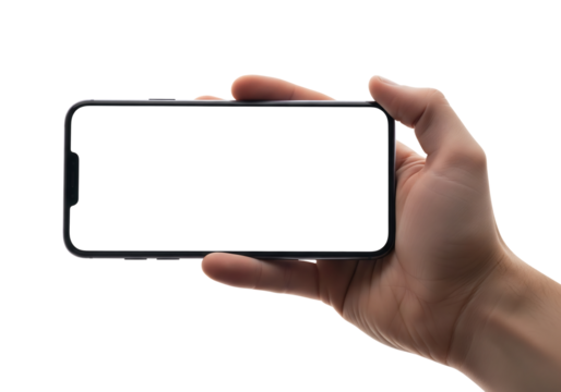 hand holding a smartphone in landscape mode with a blank screen for mockup. Isolated on transparent background, png