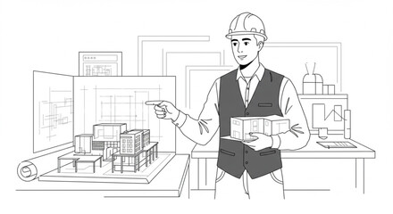 A professional architect in a hard hat presents a building project, pointing to a scale model with blueprints in an office setting.