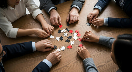 Diverse group solving jigsaw puzzle pieces together representing collaboration and teamwork effort reaching a common goal