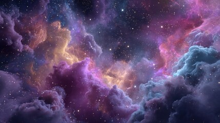 Obraz premium Colorful nebula in deep space with vibrant purple, blue, pink and orange clouds. Galaxy cosmic background with bright stars. Dramatic universe abstract wallpaper design.