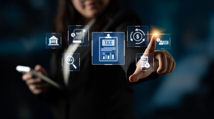 Financial regulation and tax compliance concept showing tax document, VAT, transaction flow, and...