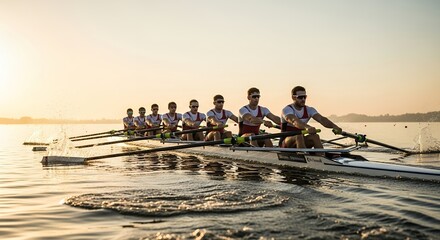 Eight Rowers in a Crew Boat at Sunset