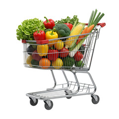 Shopping cart full of fresh vegetables, fruits and other healthy grocery food. Isolated on transparent background, png