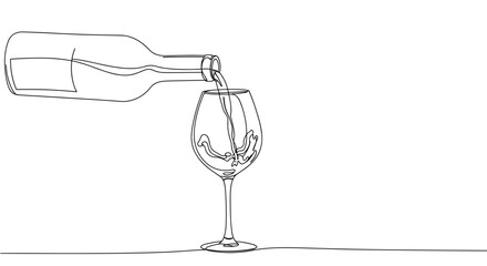 Black line drawing of pouring wine into glass on transparent background  