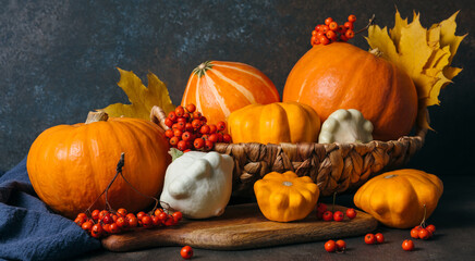 Autumn composition for Thanksgiving Day, still life background. Pumpkin harvest in basket,...