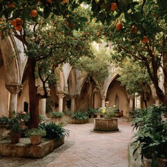Fototapeta premium Serene courtyard with lush orange trees, aged stone architecture, and a calming atmosphere.