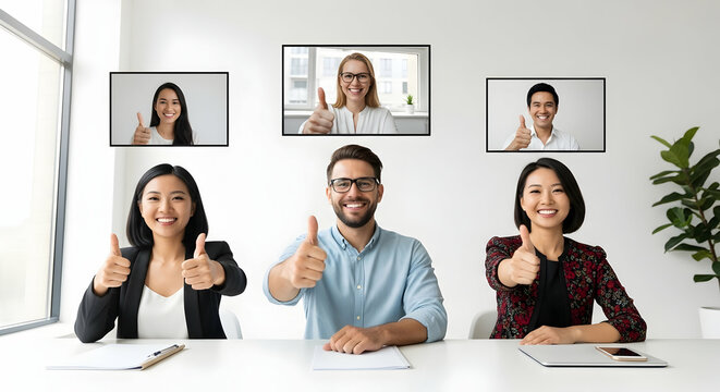 Enthusiastic team expressing agreement and satisfaction through a virtual meeting interface with thumbs up
