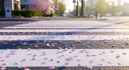 Ephemeral Beauty Of Cherry Blossoms Fallen On A Zebra Crossing In Springtime