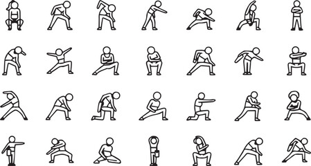 Stretching line icons vector set on a white background