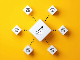 Franchise Expansion Concept with Central Growth Chart Surrounded by Storefront Icons on White Cubes, Set Against a Bright Yellow Background, Representing Business Network