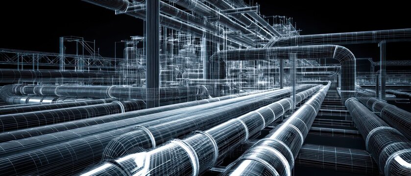 Industrial Pipeline Network: 3D Wireframe Model