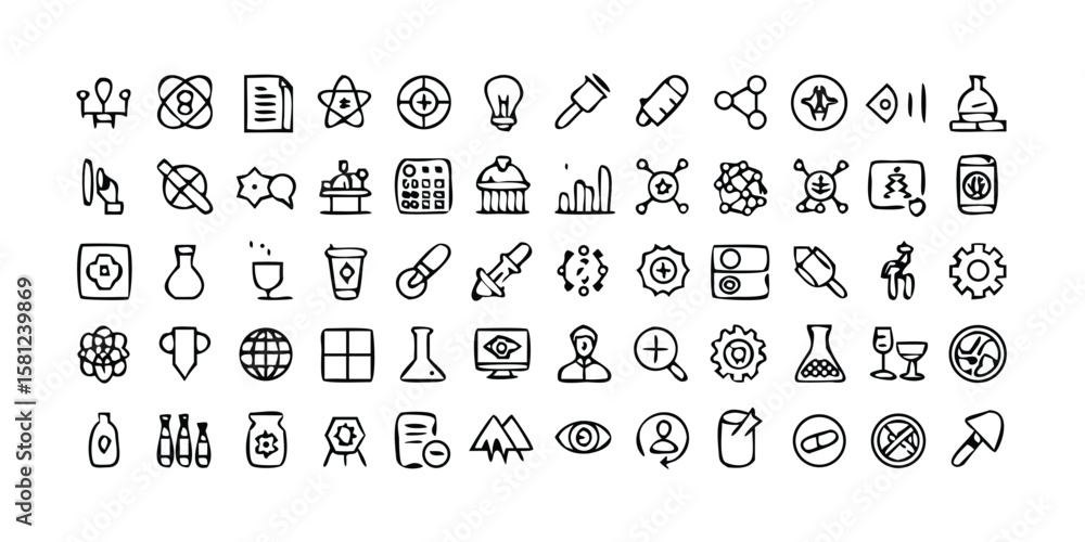 Poster mega 95 piece set of line icons in linear style featuring a cat illustration on transparent backgrou