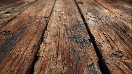 Obraz premium A weathered wooden table surface with uneven planks, deep grain patterns