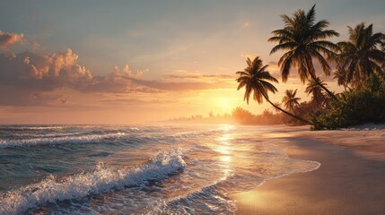 A stunning tropical beach at sunset with palm trees and waves gently rolling onto the sandy shore. The sky is painted with warm hues of orange and yellow as the sun descends over the horizon.
