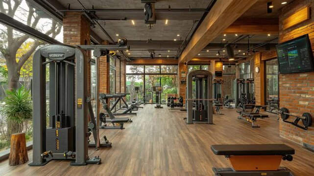 Modern fitness center features sleek equipment and natural lighting for a refreshing workout experience