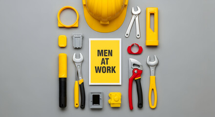 Essential construction tools and safety equipment arranged on a gray background indicating workplace safety