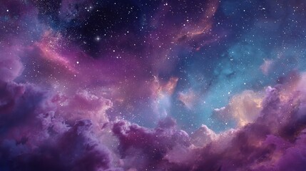 Obraz premium Colorful nebula in deep space with vibrant purple, blue, pink and orange clouds. Galaxy cosmic background with bright stars. Dramatic universe abstract wallpaper design.