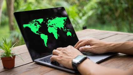 Global Business Expansion Shown on Laptop Screen with World Map, Representing International Networking and Worldwide Connectivity for Business Growth