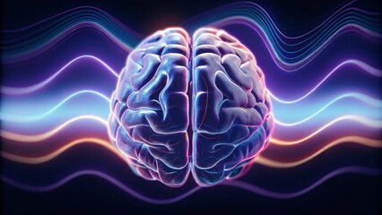 Radiant 3D Brain Model with Mesmerizing Neon Wave Patterns in Blue