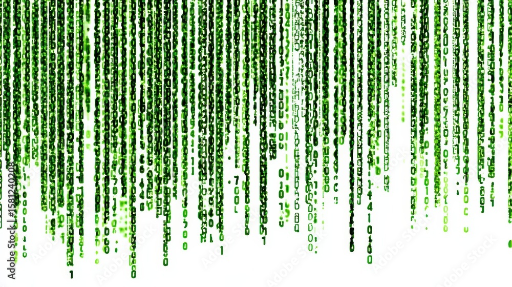 Poster green binary code stream cascading on white background