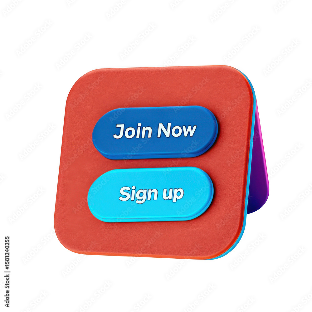Poster 3d rendered sign up and join now buttons on a textured red surface isolated on transparent backgroun