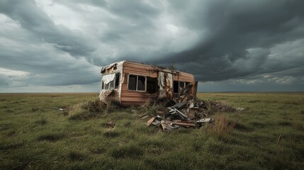 Fototapeta premium Torn trailer home under stormy sky in open landscape