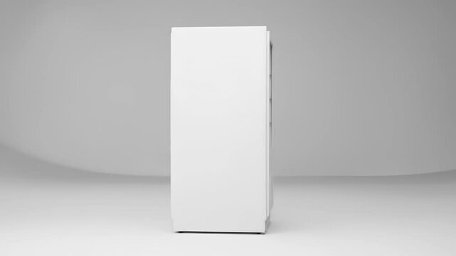 Empty white vending machine, clean and modern, showcasing clear shelves for product display, in a minimalist studio environment.