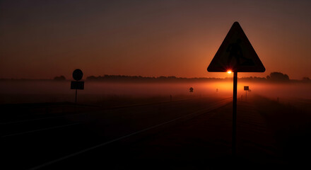Ethereal Dawn Light Illuminating Rural Road With Warning Signs And Misty Scenery