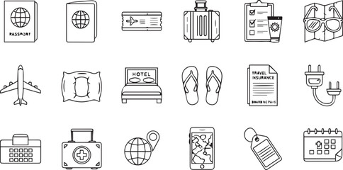 Travel and vacation prep line icons on a white background