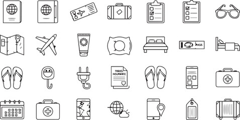 Vacation preparation line icons vector set on a white background