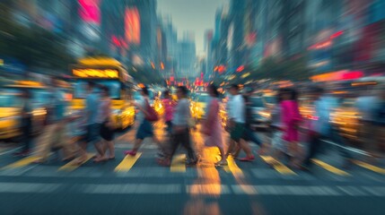 Fototapeta premium Crowds of people cross a vibrant city street as yellow taxis weave through traffic. Colorful signs illuminate the scene during the evening rush hour, creating a bustling atmosphere.
