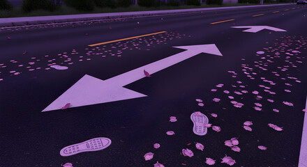 Ethereal path: Symbolic road with direction arrows, leaf motifs and fleeting footprint remnants in purple hued setting